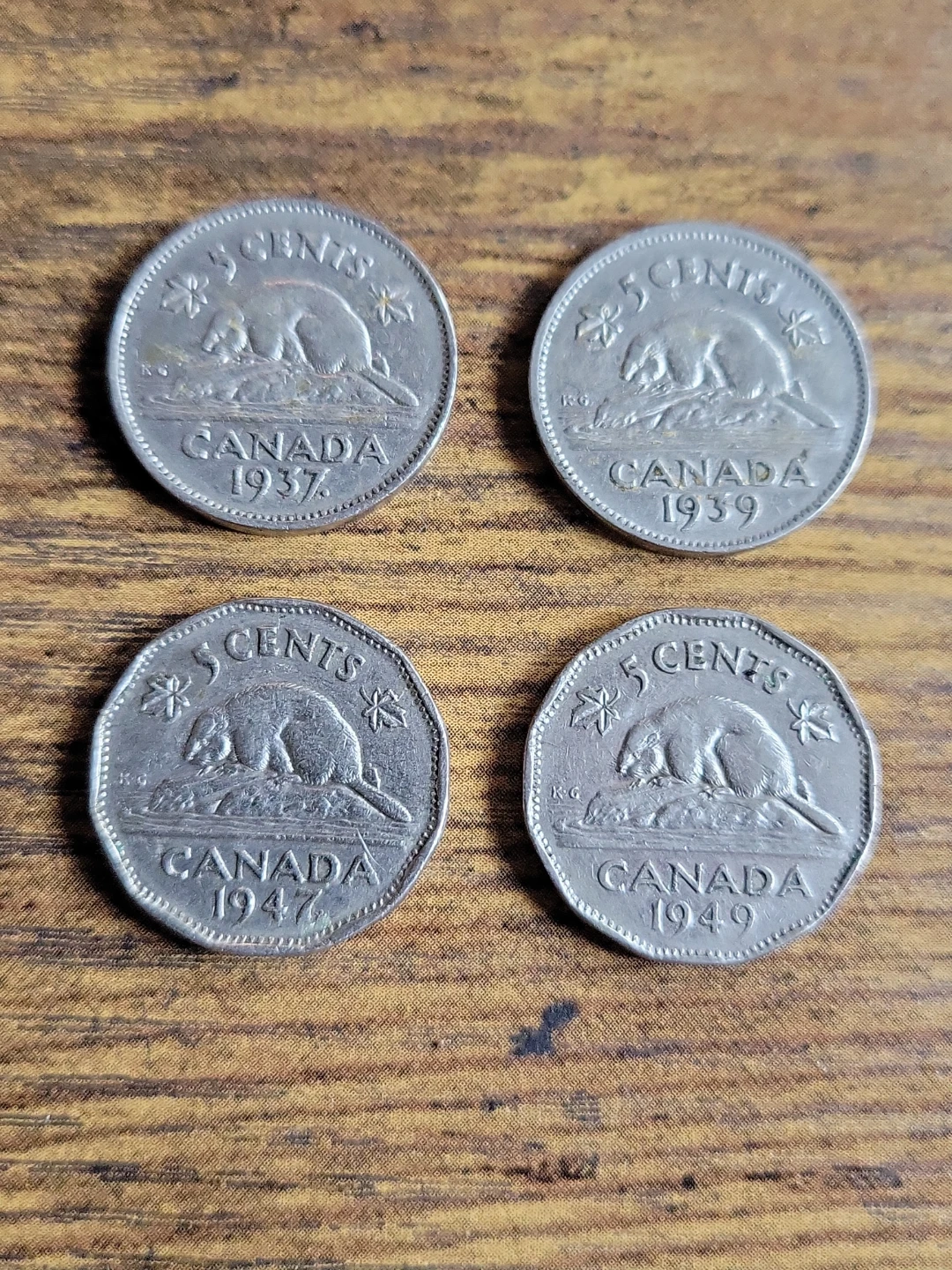 Set of 4 Canadian 5 Cent Coins (1937, 1939, 1947, 1949)