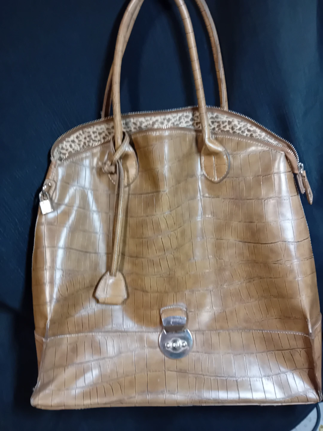 Brown Faux Croc Leather Shoulder Bag