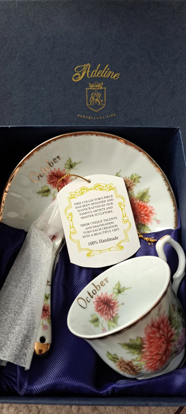 Adeline Porcellana Fine "October" Teacup Saucer & Spoon Set