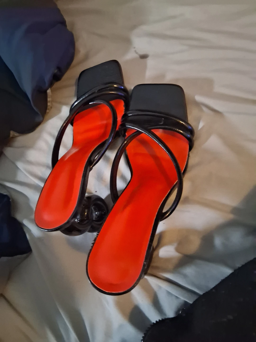 Black Square Toe Heeled Sandals with Red Insoles