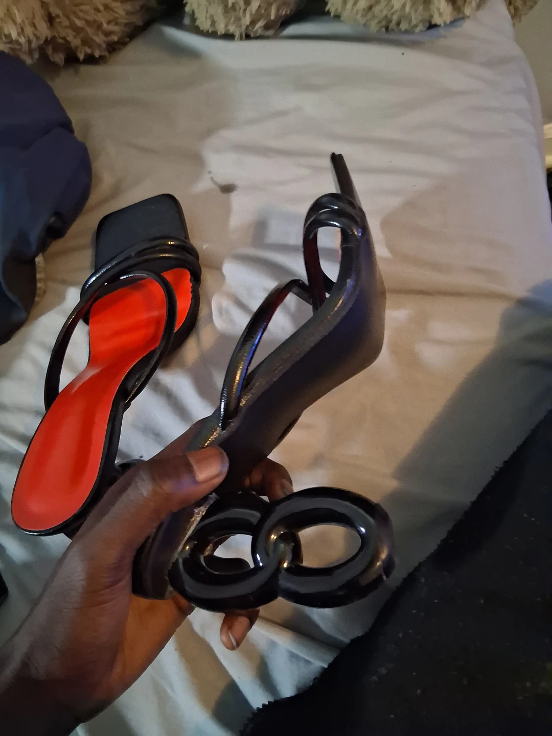 Black Square Toe Heeled Sandals with Red Insoles - photo 2