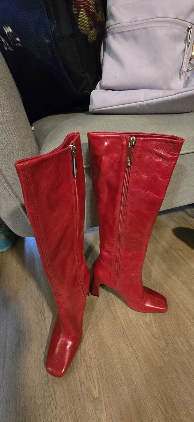 Red Leather Knee-High Boots - photo 2