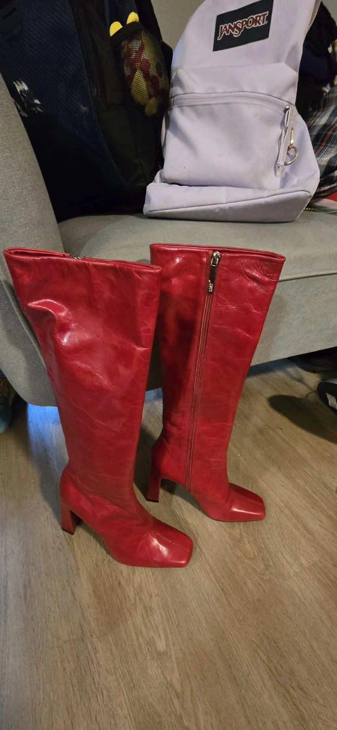 Red Leather Knee-High Boots - photo 3