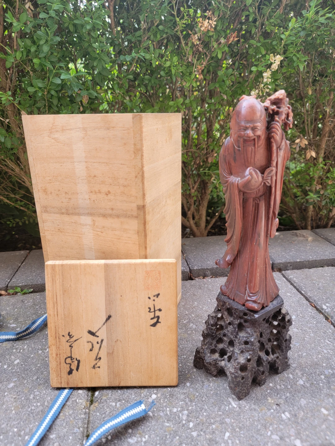 Vintage Carved Figurine with Wooden Box