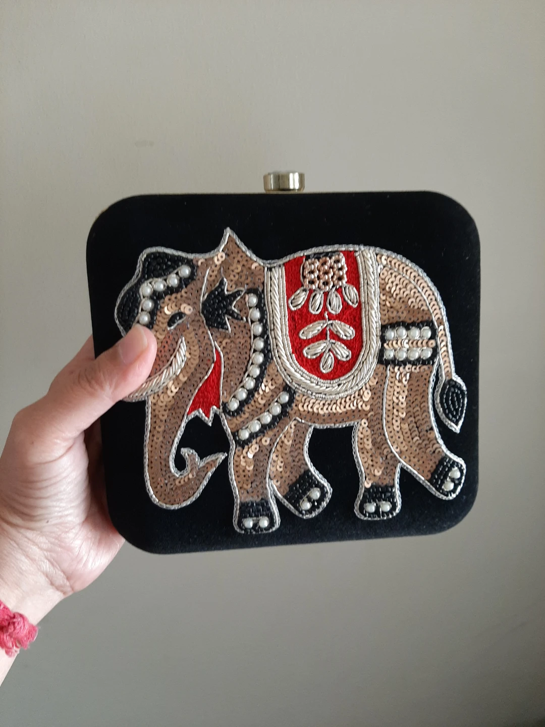 Black Velvet Clutch with Elephant Beading