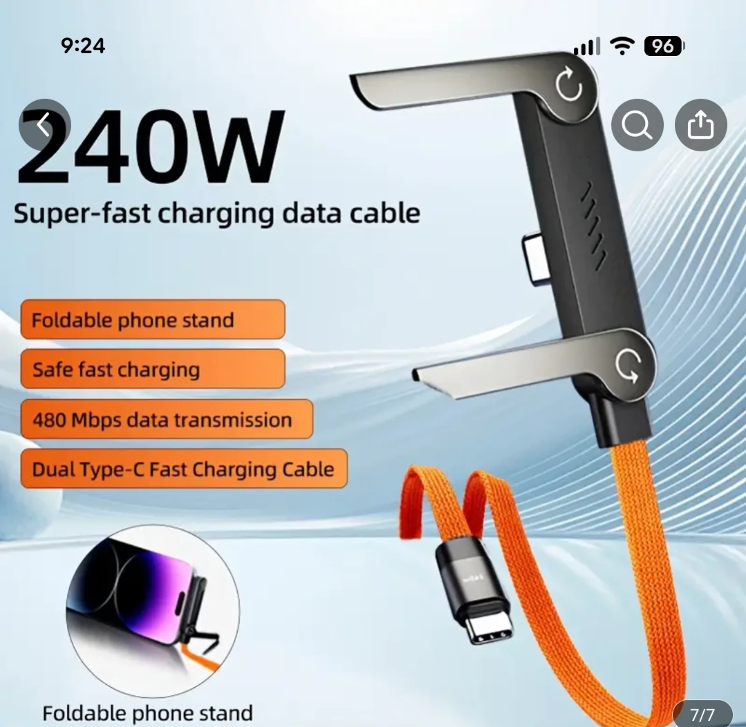 240W Super-fast Charging Data Cable with Foldable Phone Stand