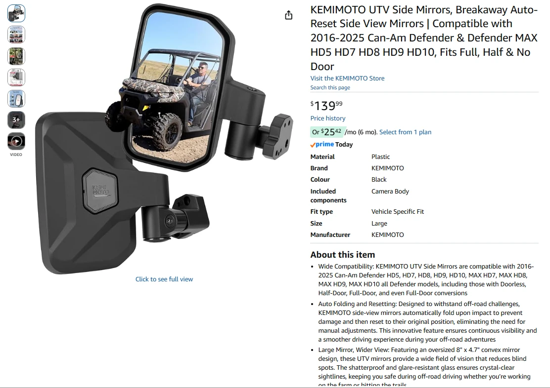 UTV Side Mirrors for Can-Am Defender/Defender Max 2016-2025 - photo 2