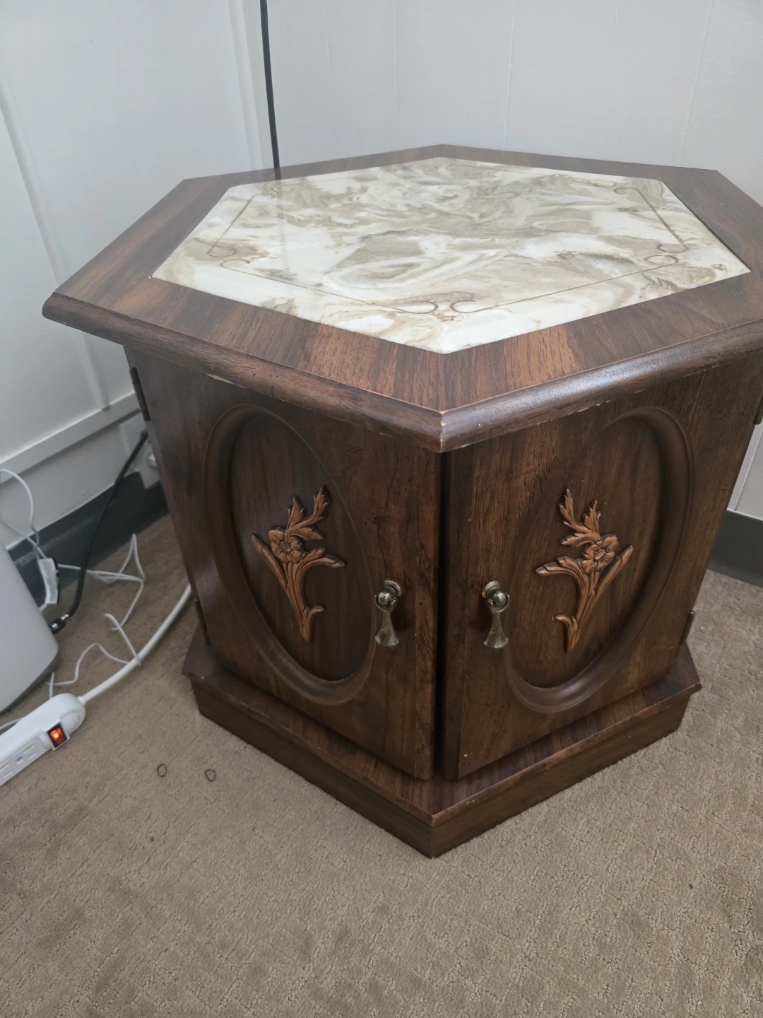 Vintage Hexagonal Side Table with Marble Top