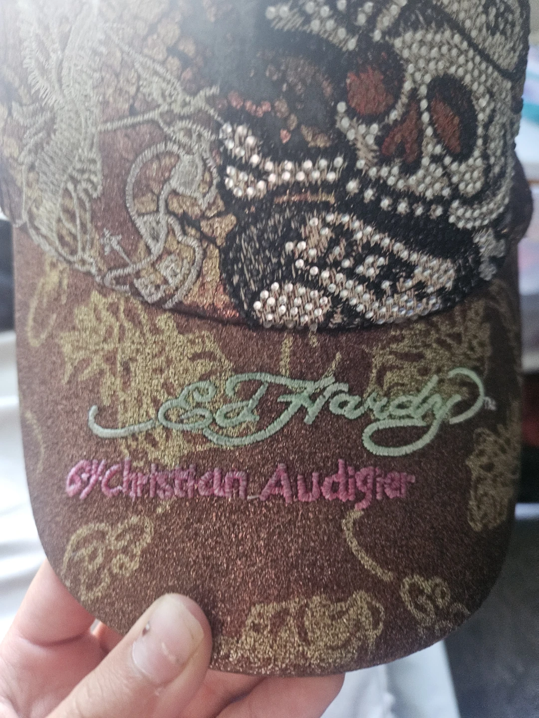 Ed Hardy Christian Audigier Rhinestone Skull Trucker Hat - photo 2