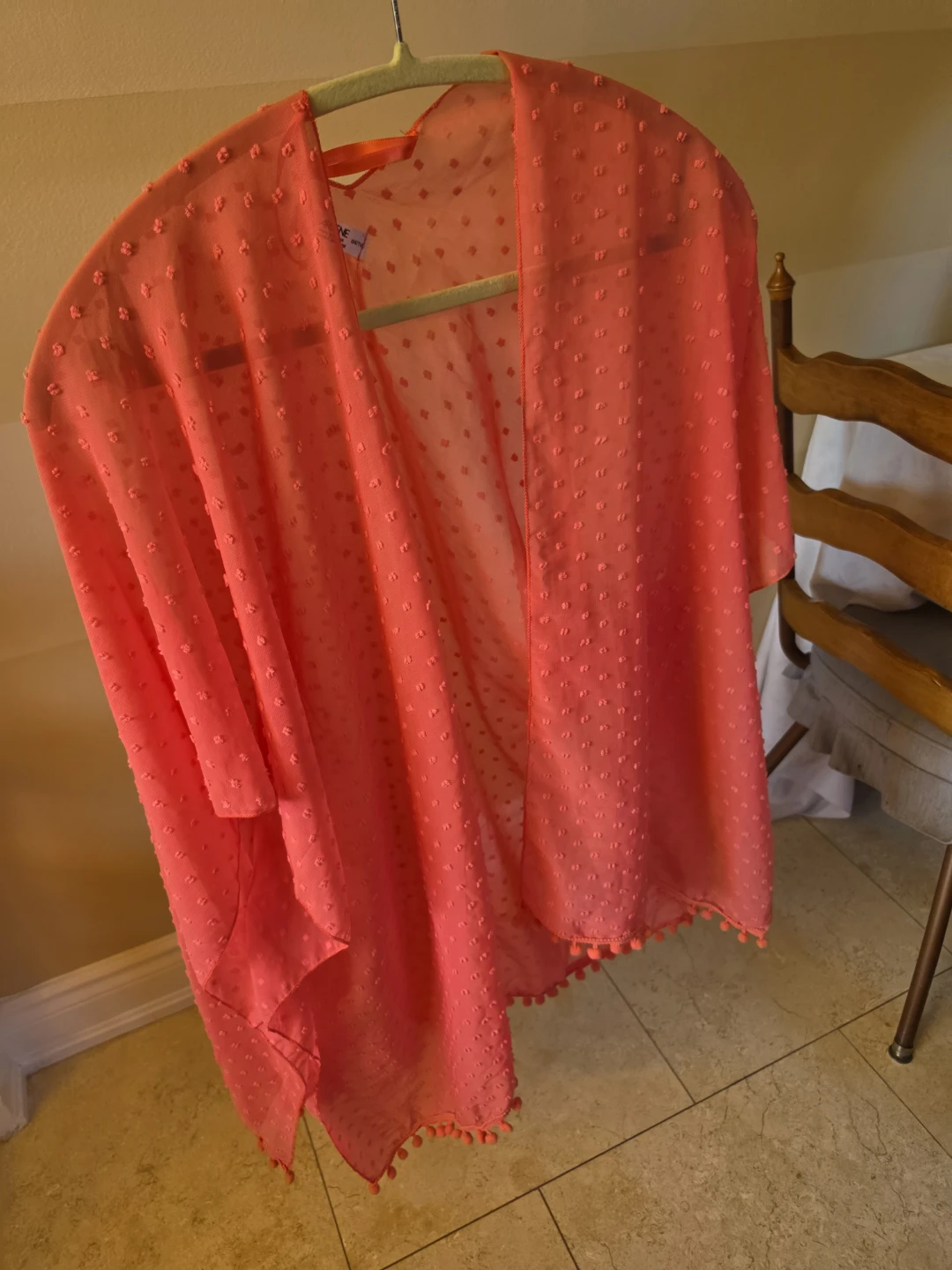 Coral Sheer Kimono with Pom-Pom Trim