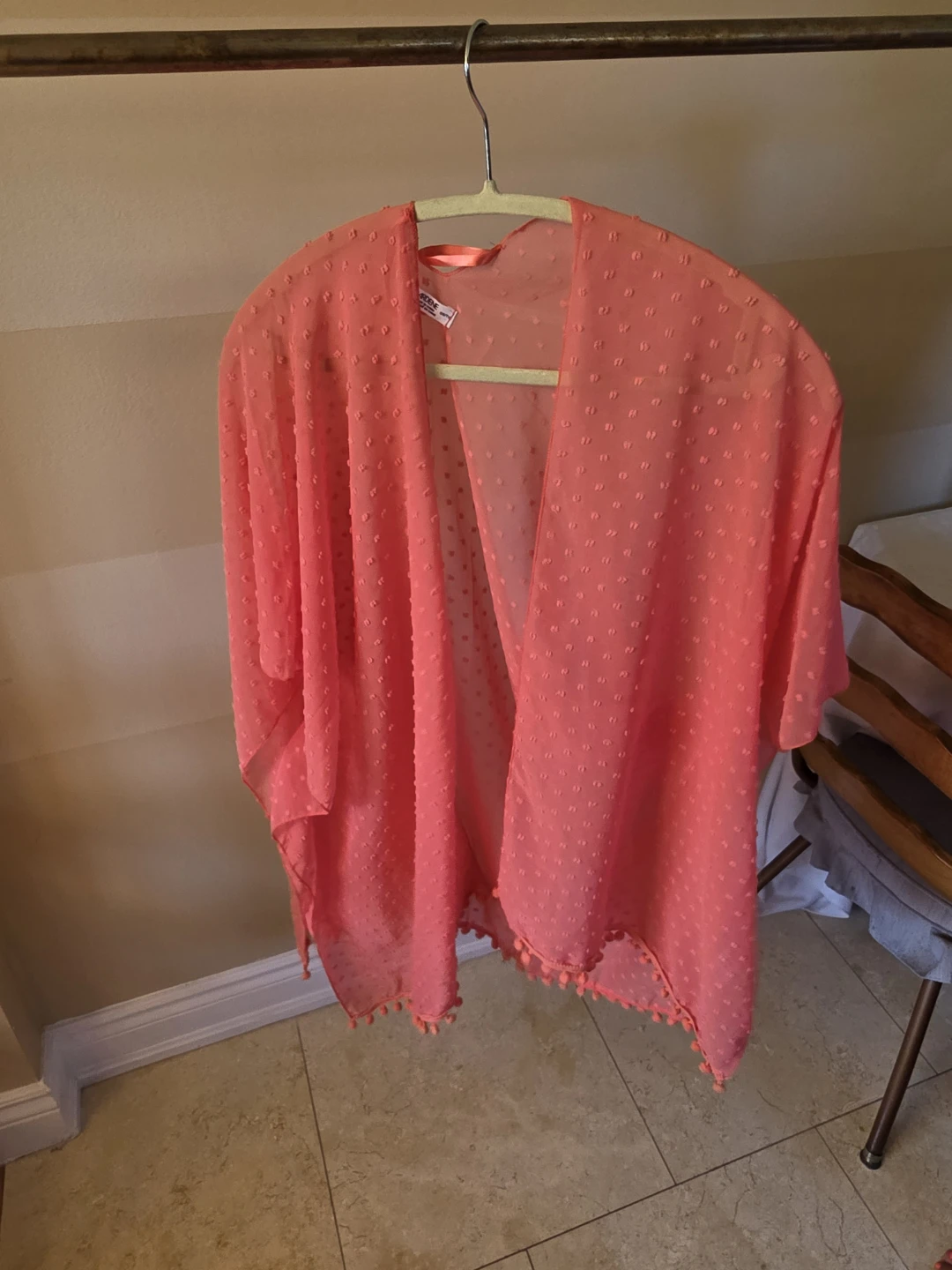 Coral Sheer Kimono with Pom-Pom Trim - photo 2