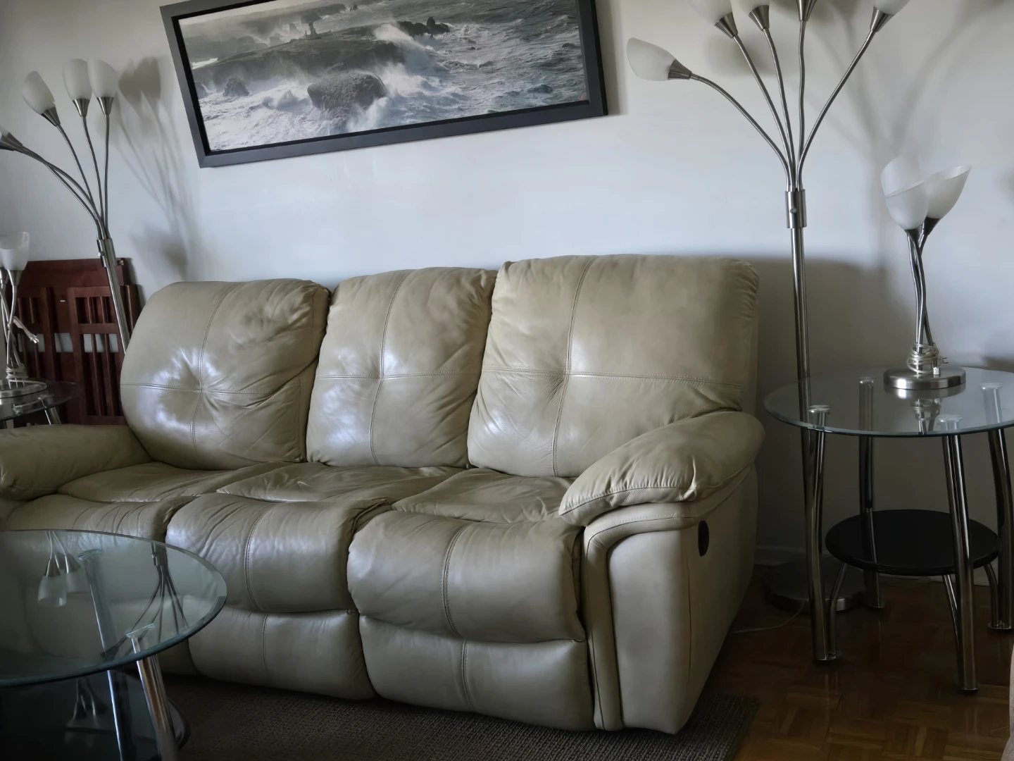 Beige Leather 3-Seat Reclining Sofa - photo 2