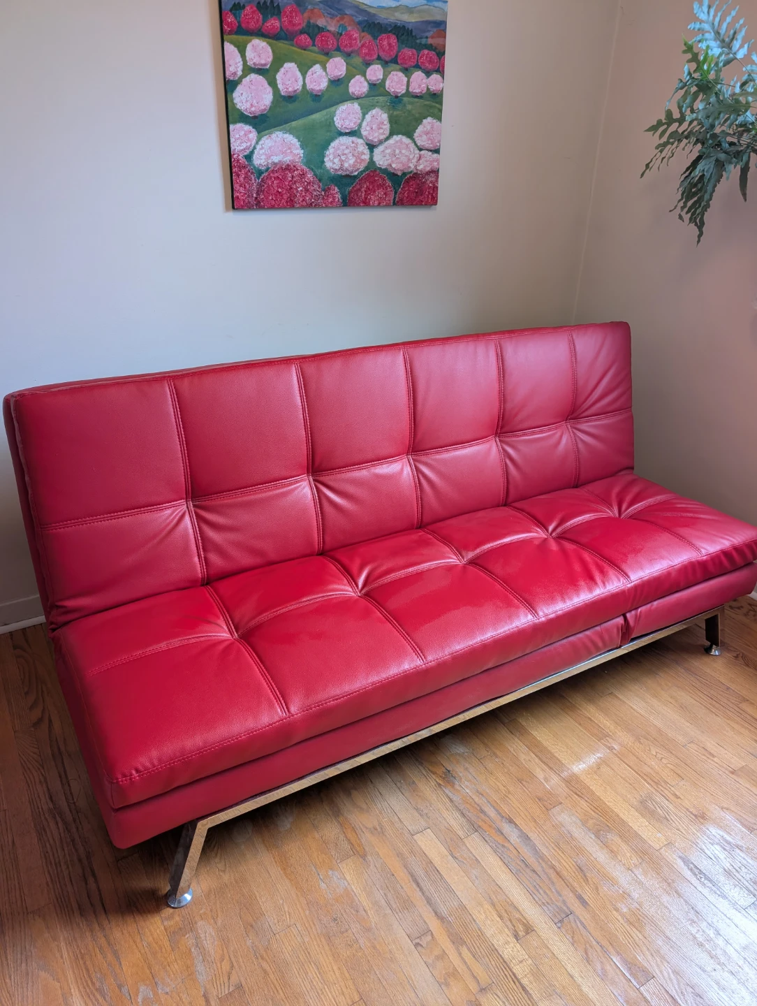 🔴 Red Faux Leather Sofa Bed – Excellent Condition – $280 OBO