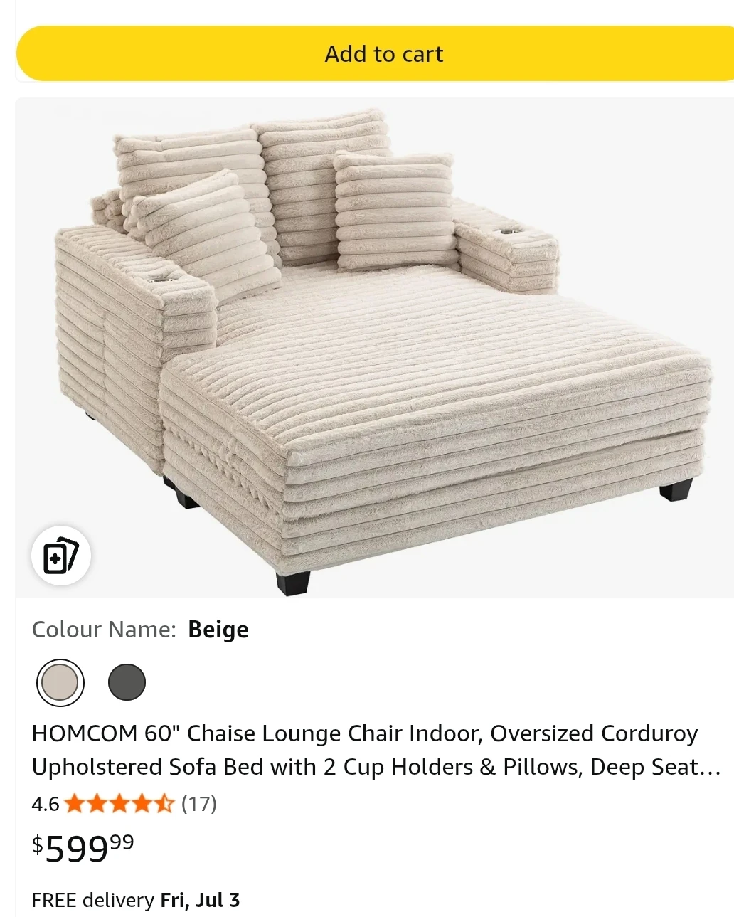 HOMCOM 60" Chaise Lounge Chair - Beige