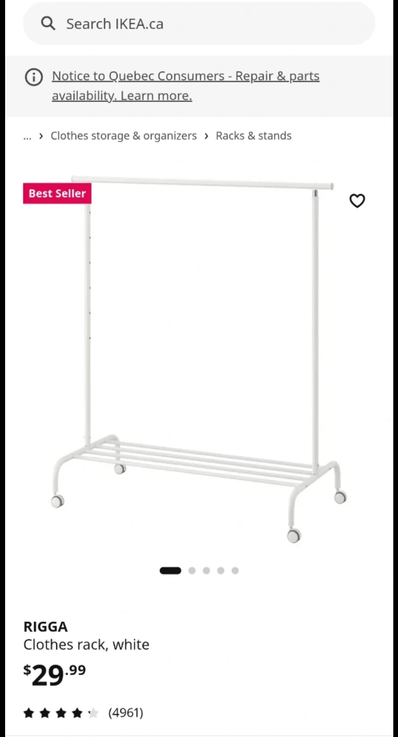 IKEA RIGGA Clothes Rack on Wheels, White