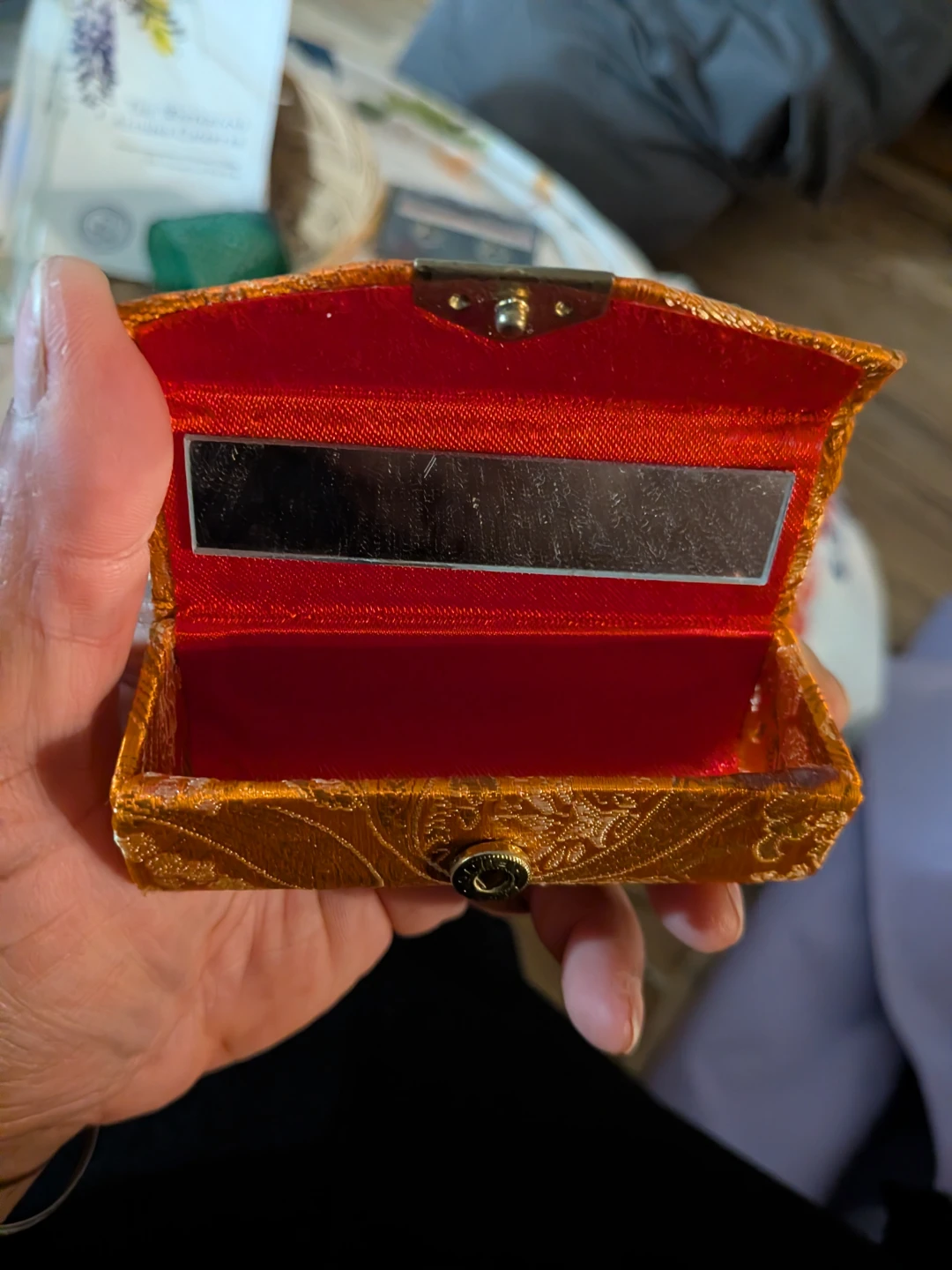 Orange Brocade Jewelry Box with Mirror