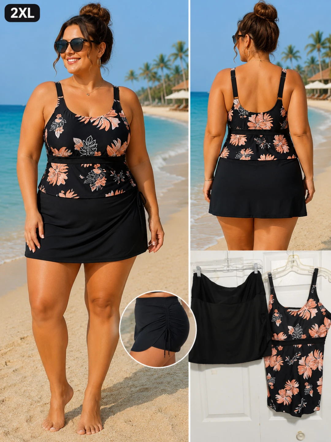 Women's Floral Tankini Swimsuit with Skirt - Size 2XL