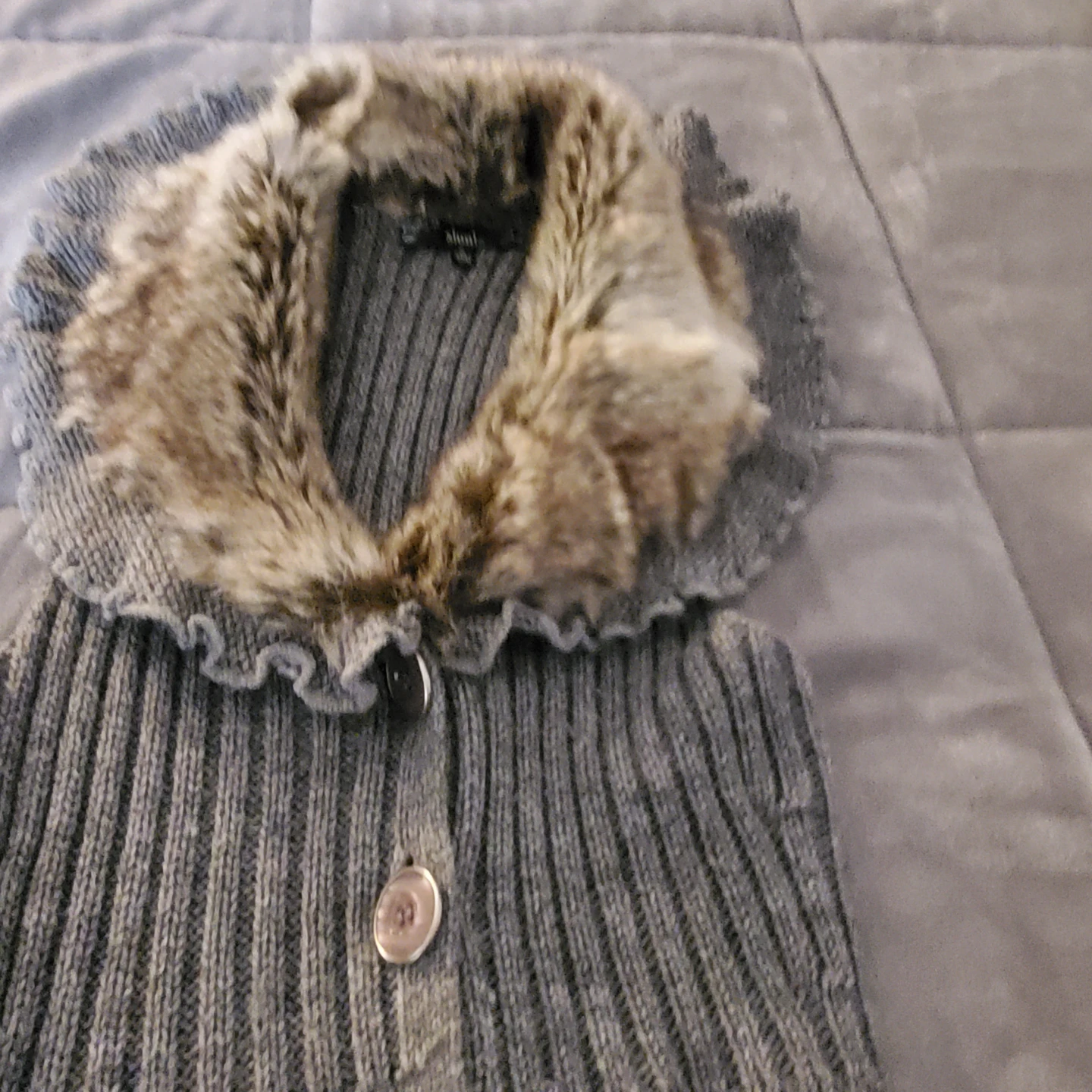Grey Knit Vest with Faux Fur Collar