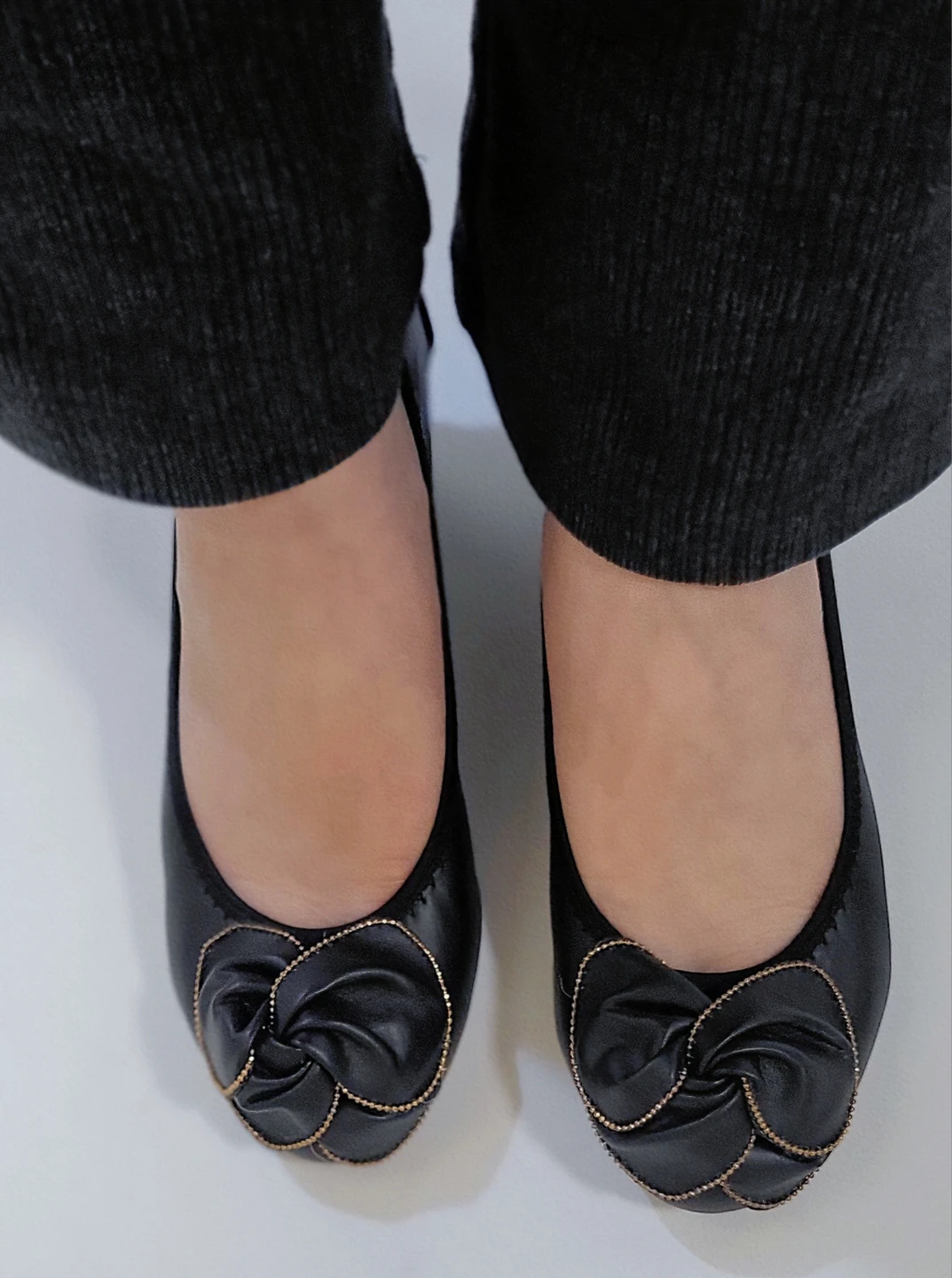 Black Ballet Flats with Rose Detail