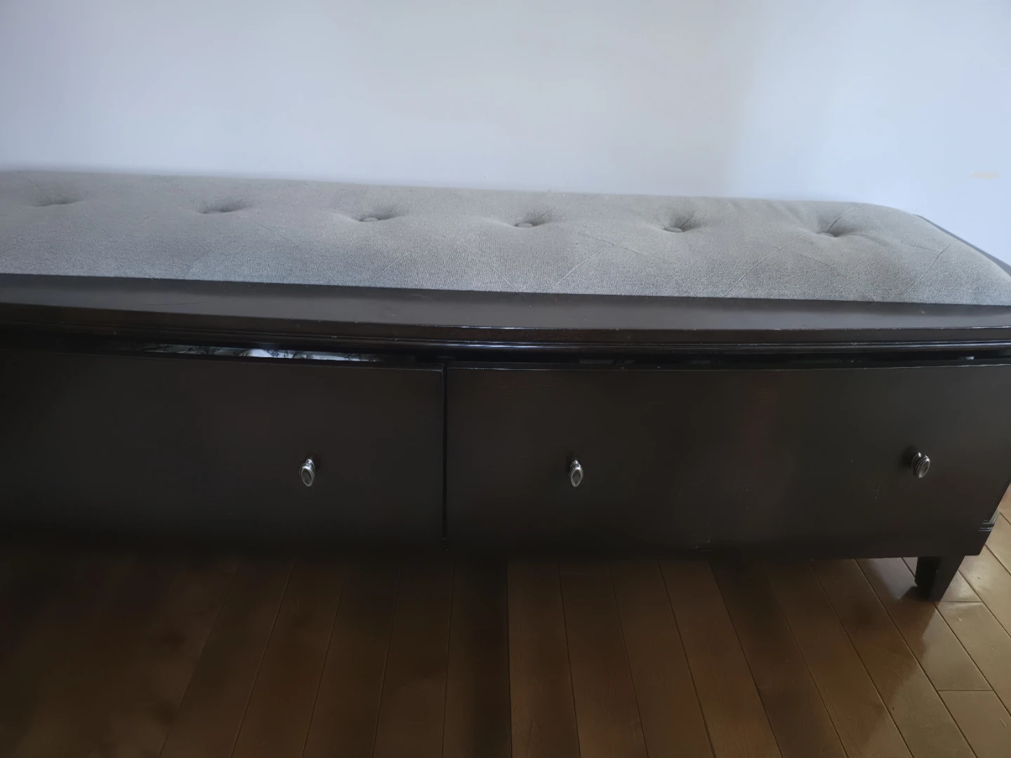 Dark Brown Storage Bench with Tufted Grey Seat