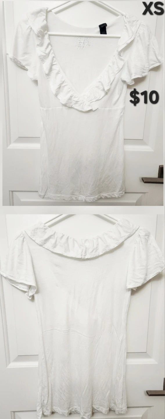 White Ruffle V-Neck T-Shirt - XS