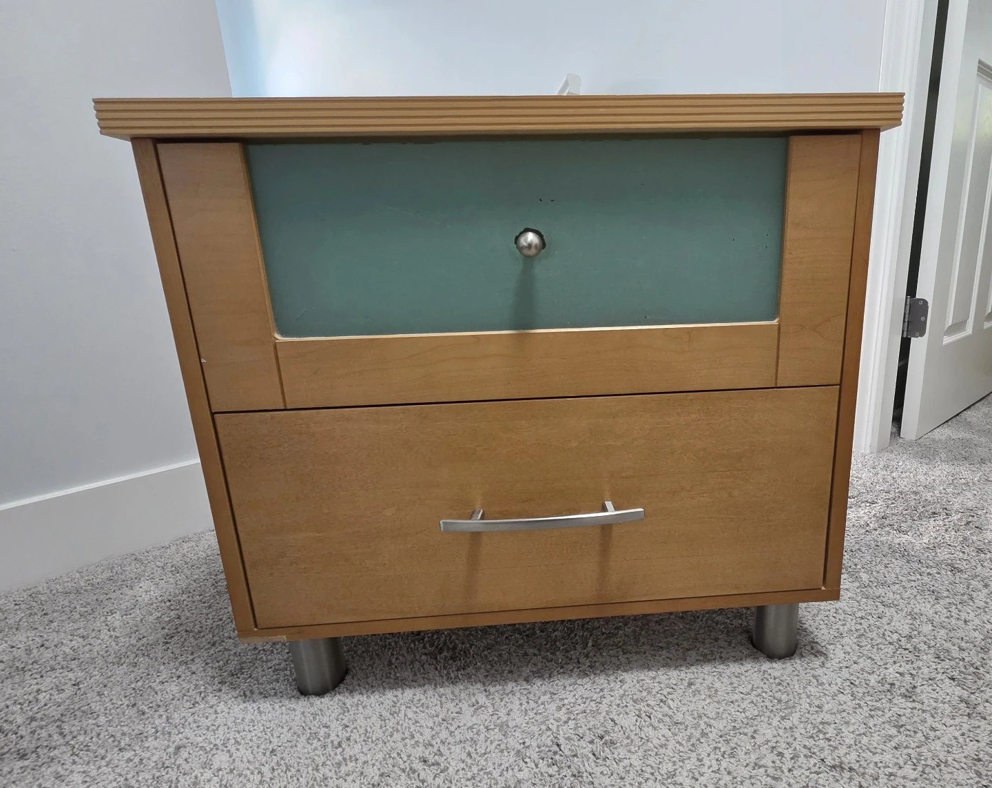 Wooden Nightstand with Frosted Glass Drawer