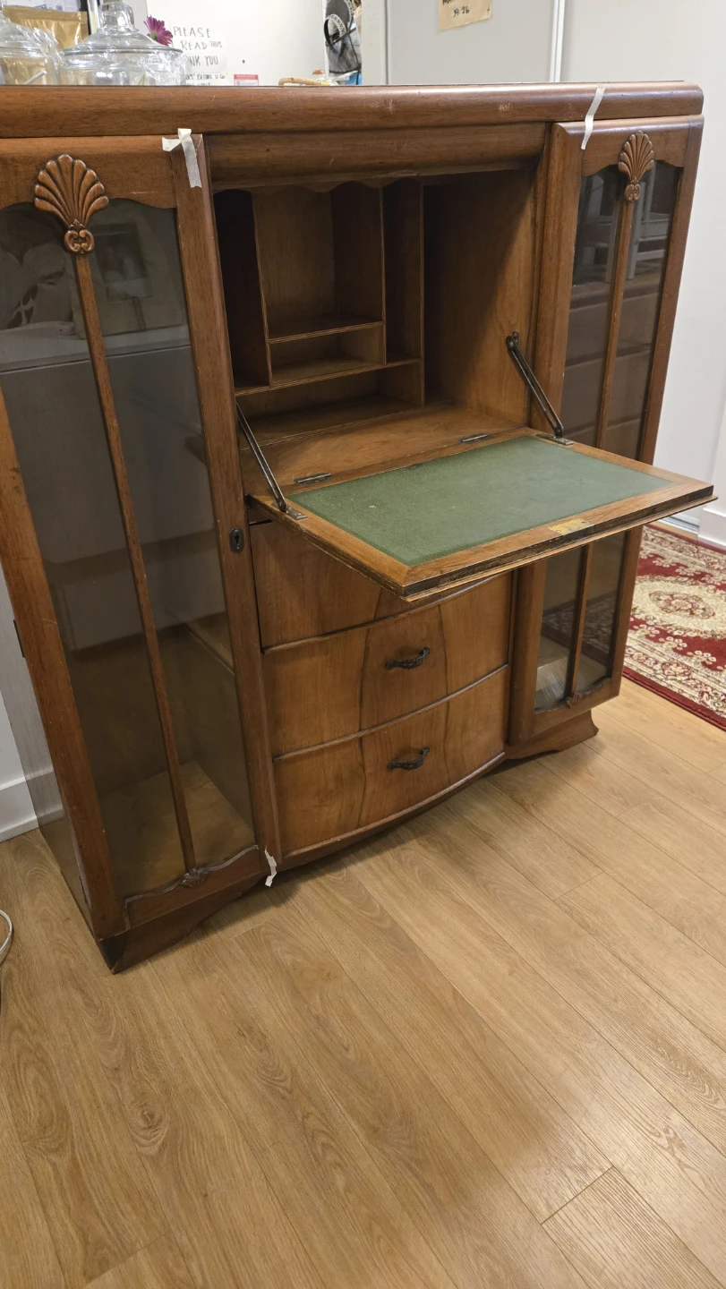 Vintage Wood Secretary Desk with Glass Cabinet Doors