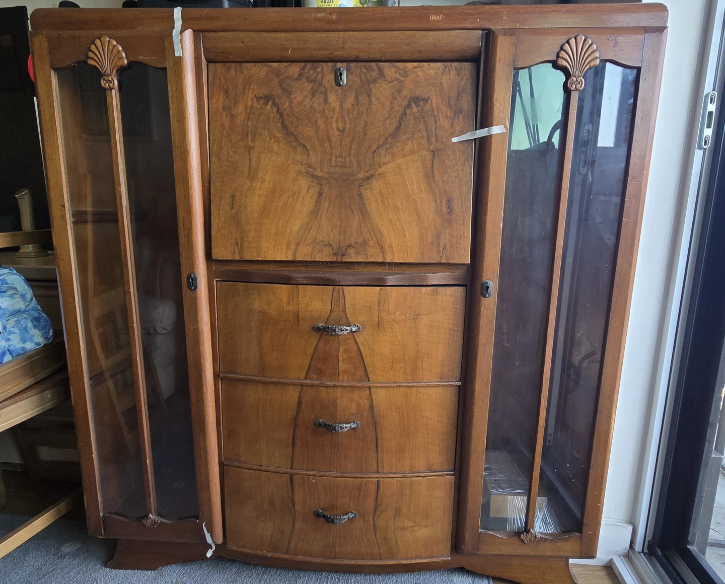 Vintage Wood Secretary Desk with Glass Cabinet Doors - photo 3