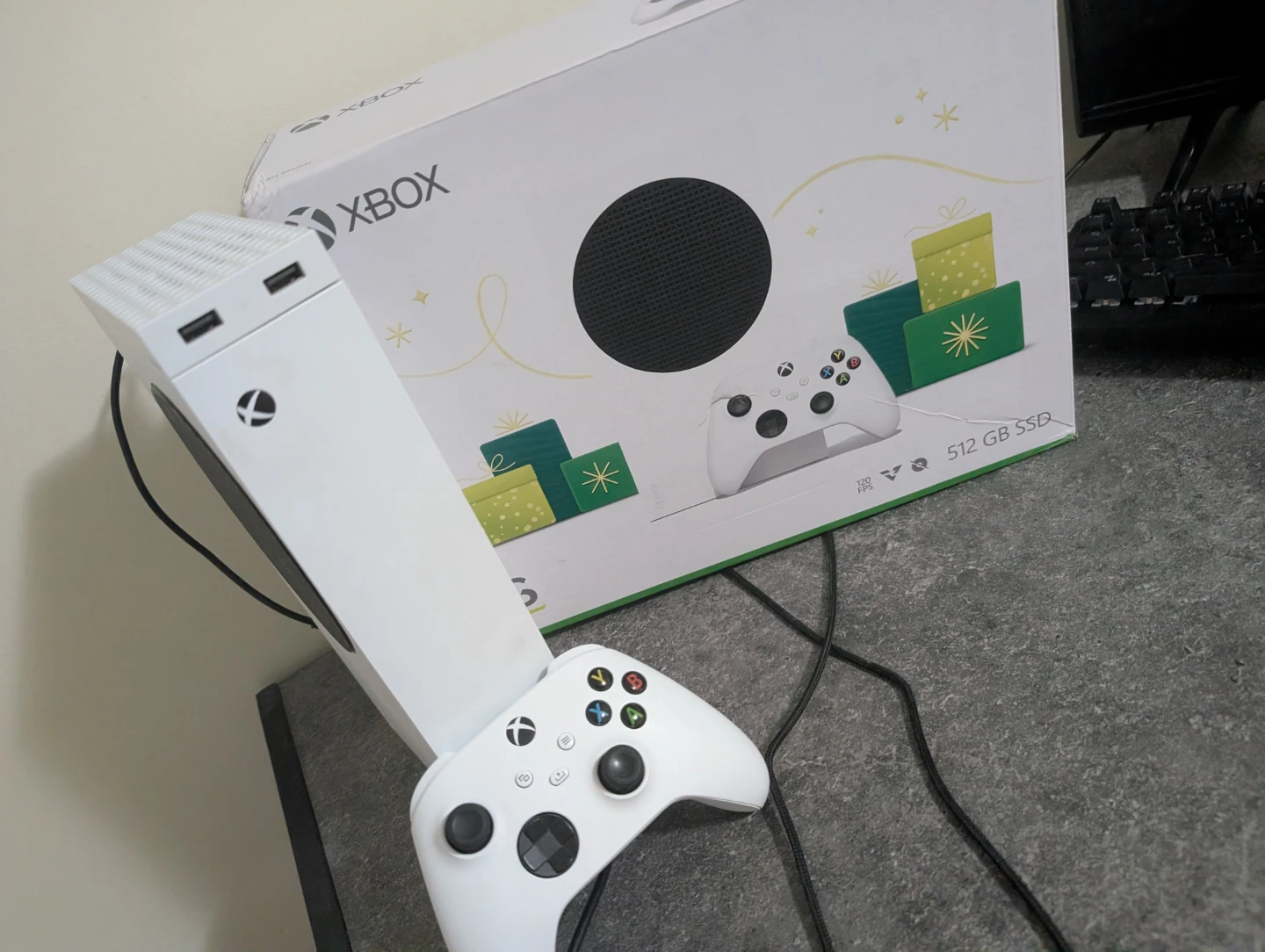 Xbox Series S Console with Controller and Box and cooling fan.