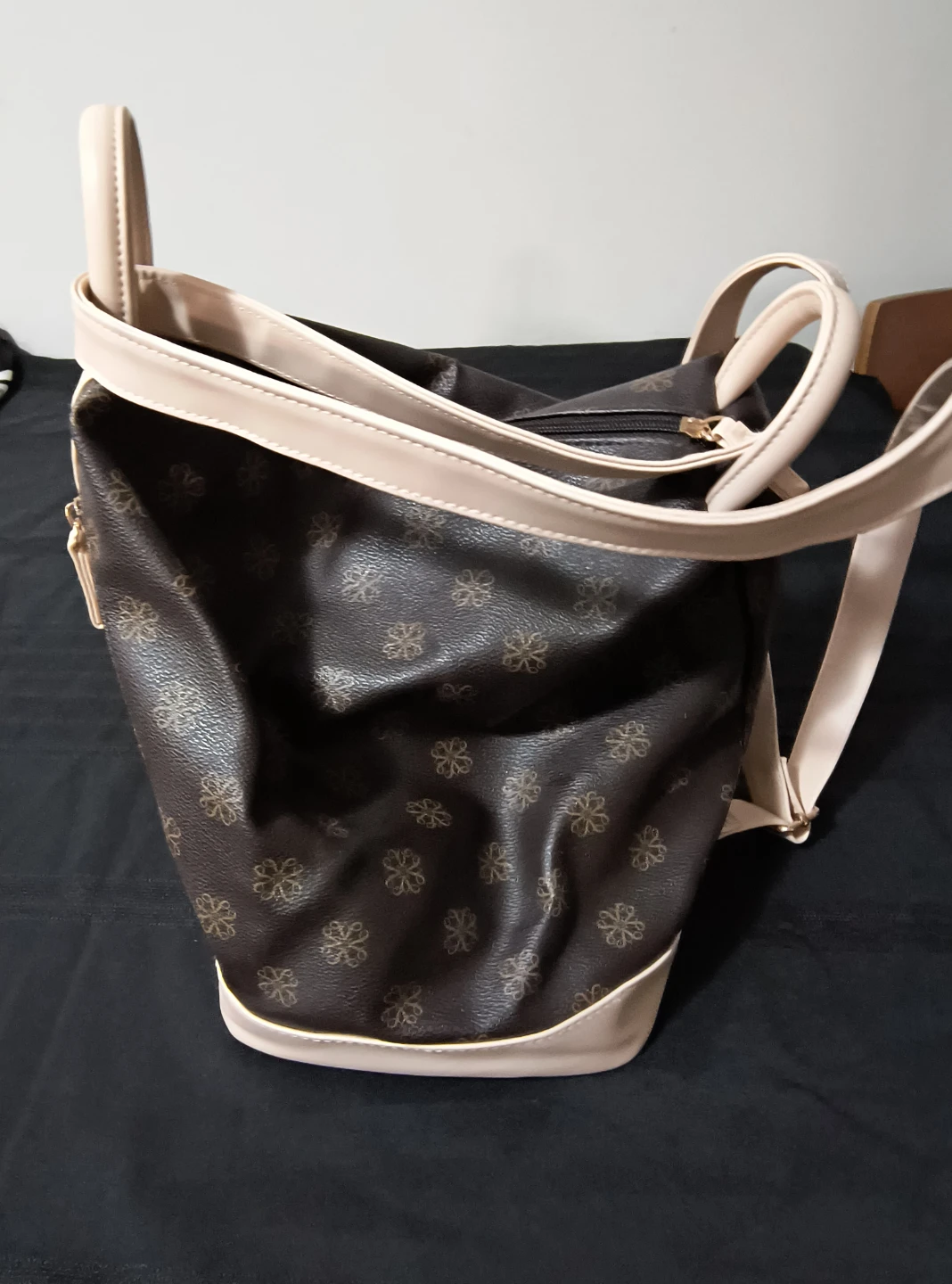 Brown floral print backpack purse