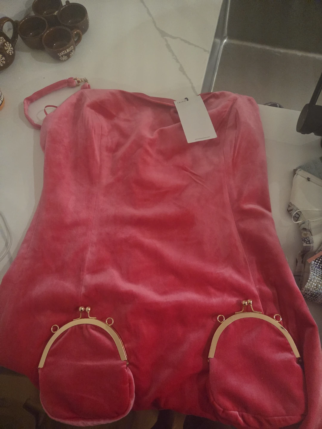 AKIRA Pink Velvet Mini Dress with Coin Pockets - photo 5