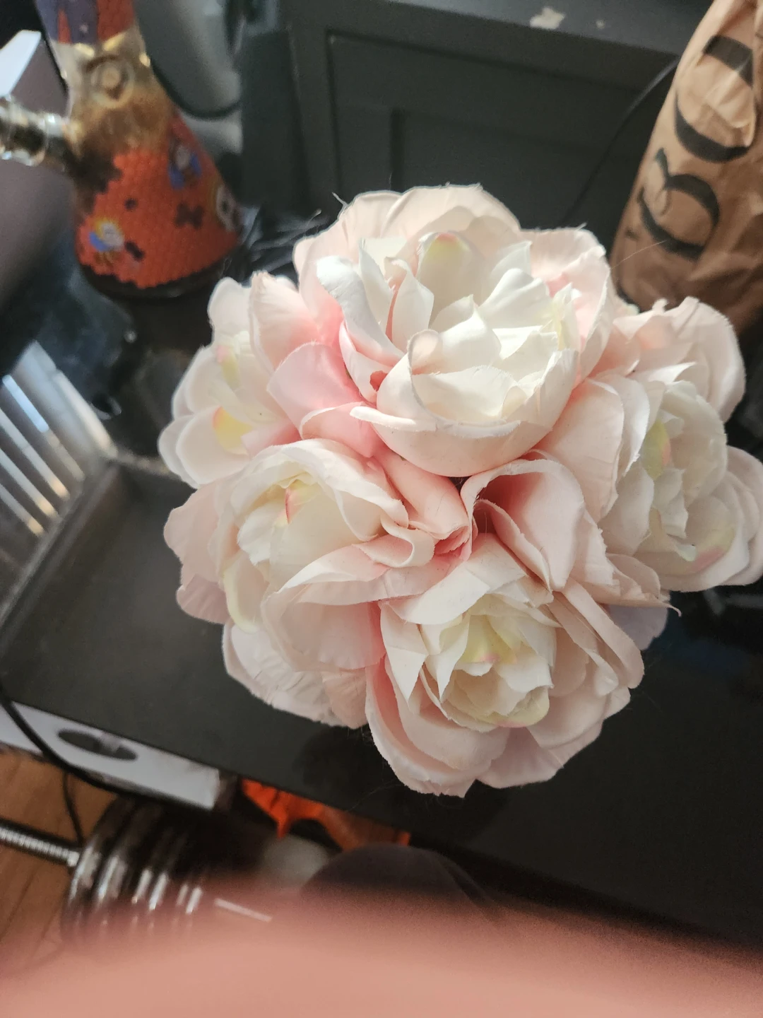 Artificial Pink and White Roses in Glass Vase