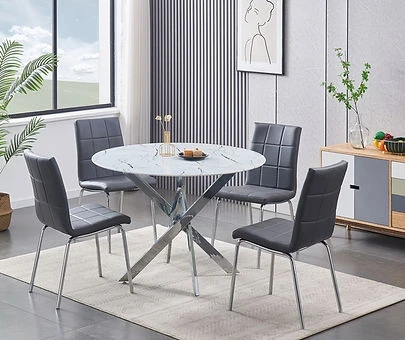 Round Marble Dining Table with 4 Grey Chairs