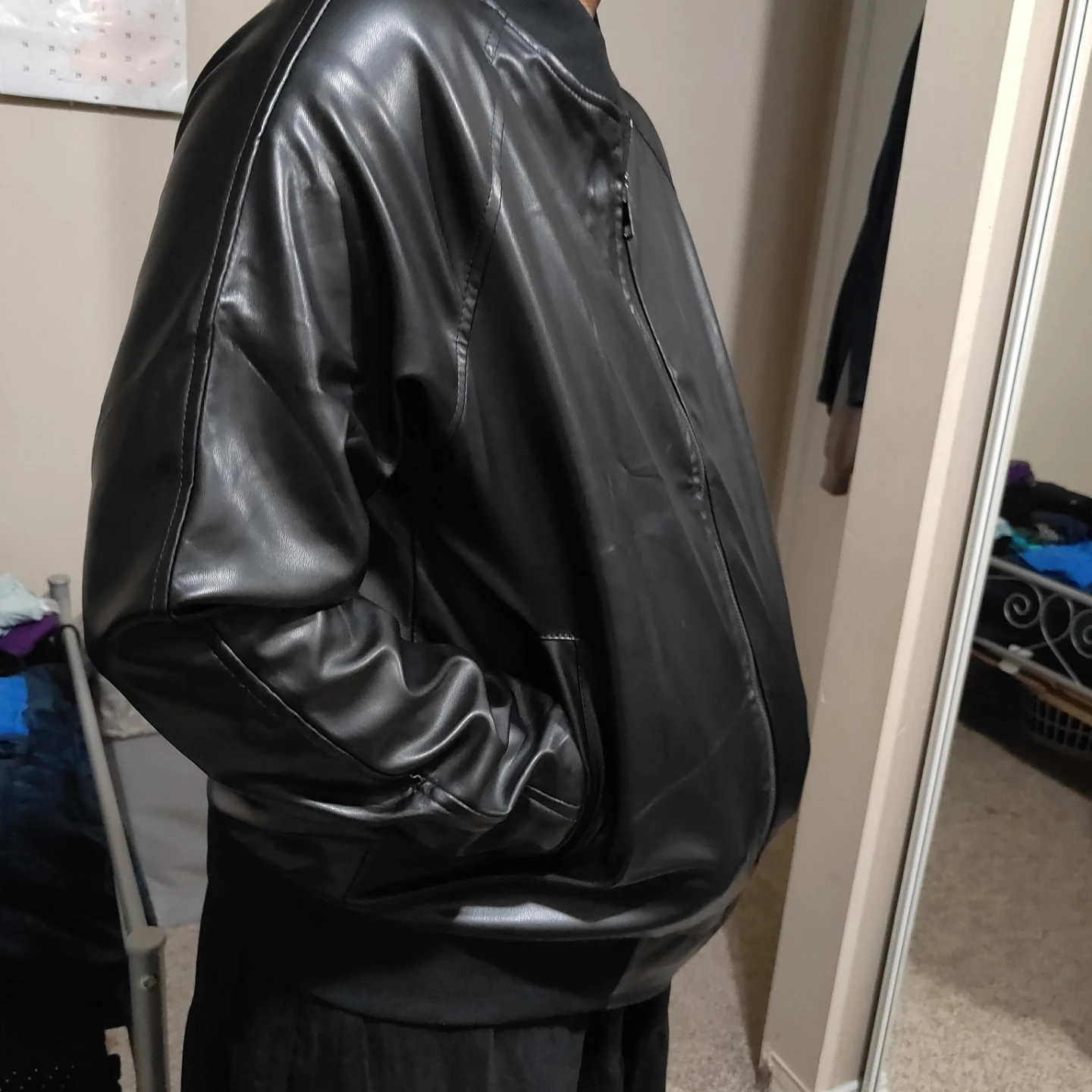 Black Bomber Jacket - Faux Leather - Size S