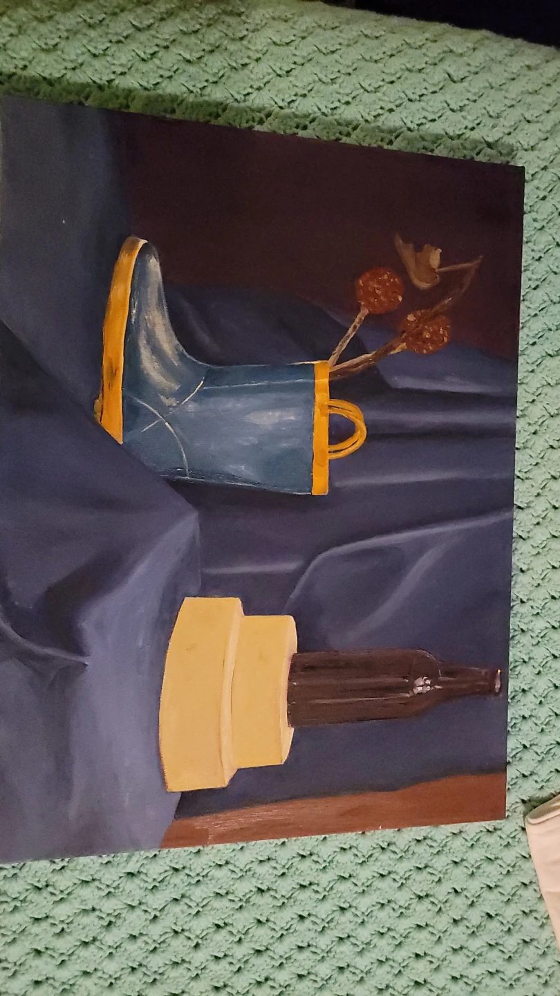 Original Painting "Blue Boot and Bottle" by Claire Lavender