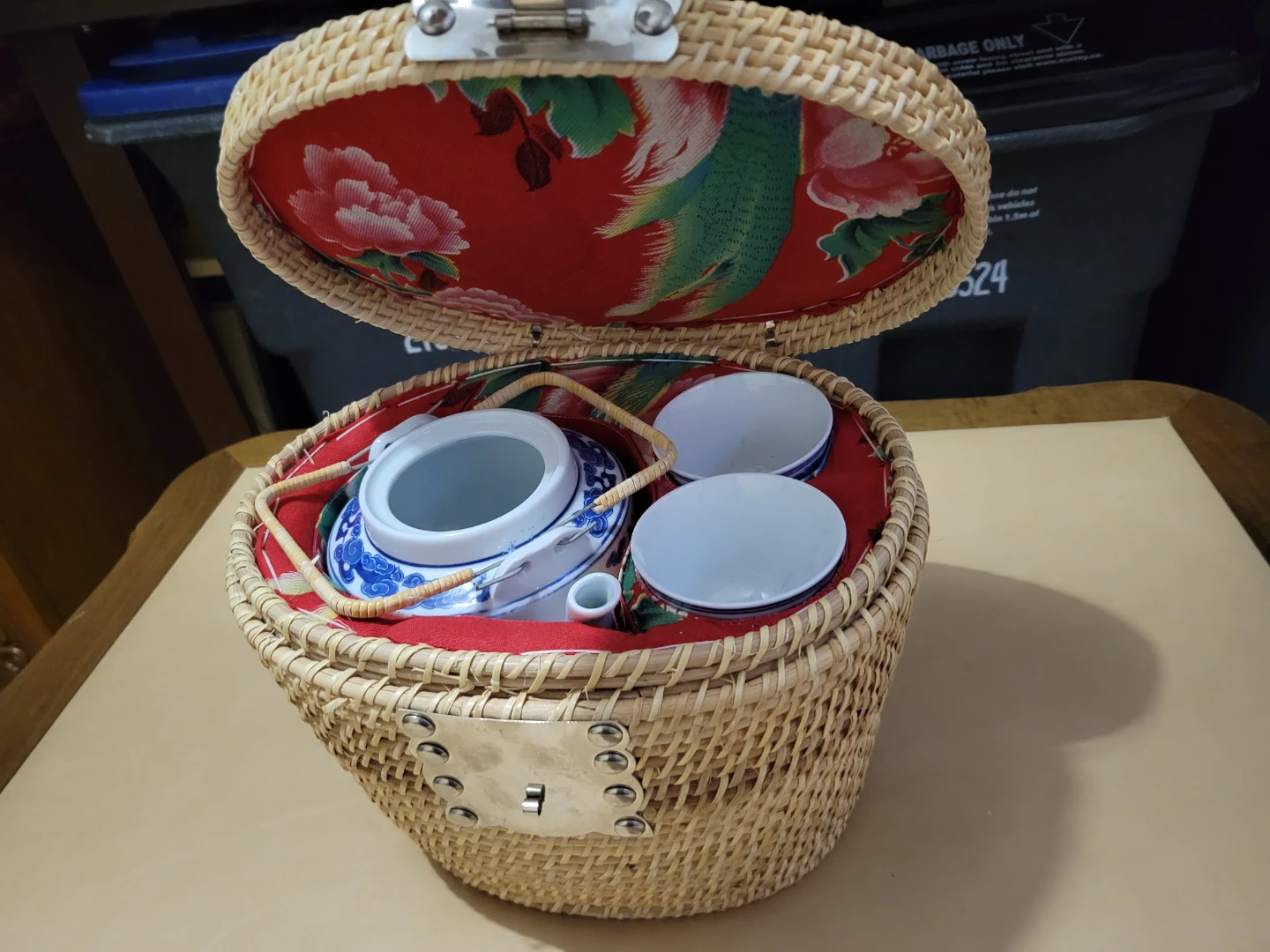 Vintage Chinese Dragon Tea Set with Woven Cozies Basket