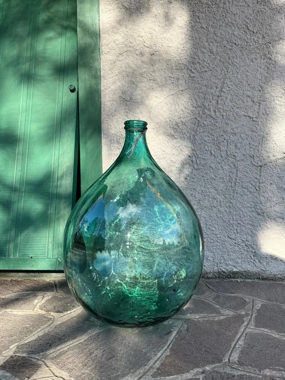 Large Green Glass Demijohn Bottle