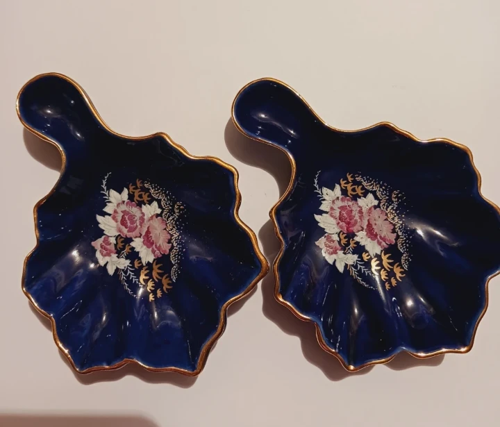 Set of 2 Cobalt Blue Leaf Shaped Dishes with Floral Design