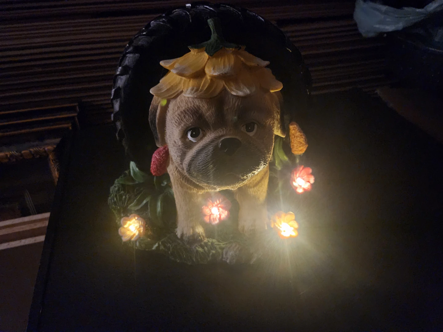 Brand new Solar Powered Pug Garden Statue with Light-Up Flowers - photo 2