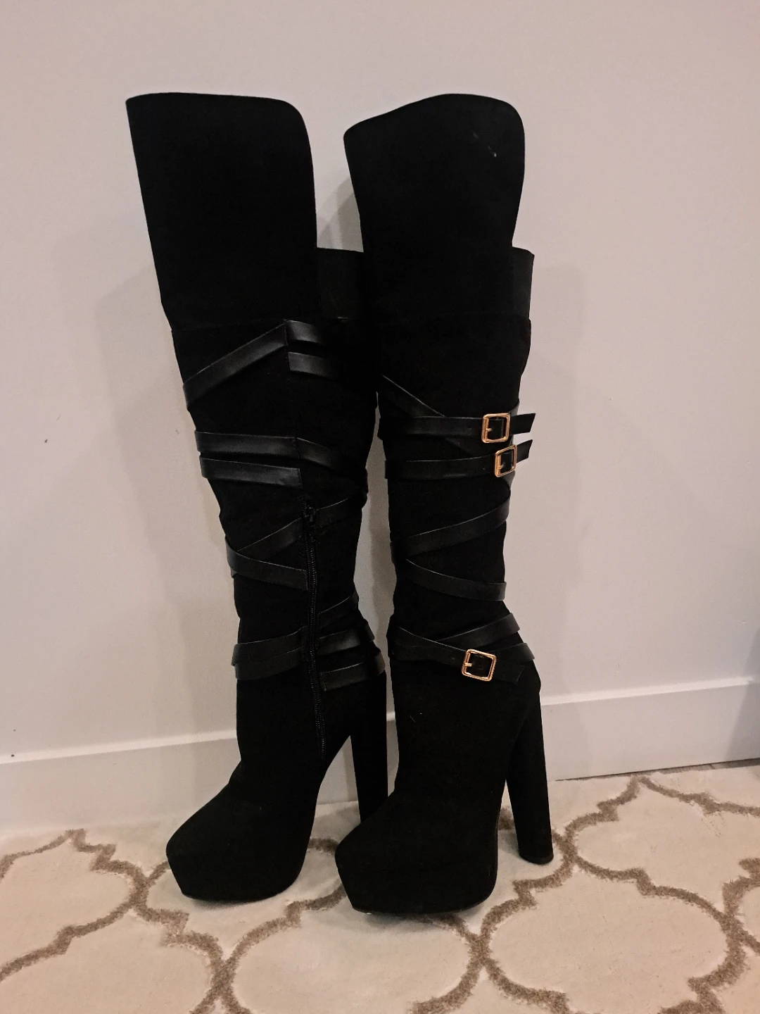 Black Over-the-Knee Platform Boots with Buckle Straps - photo 2