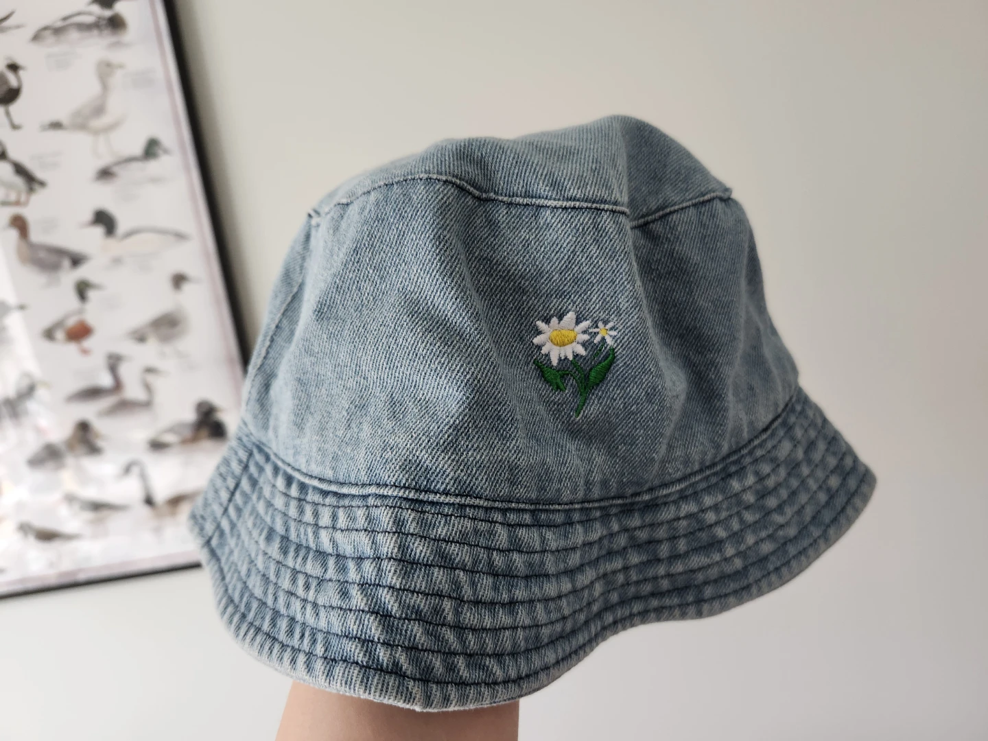 Denim Bucket Hat with Daisy Embroidery