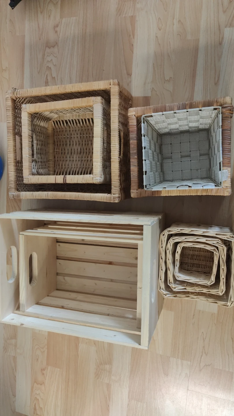 Wooden Crate and Set of Wicker Baskets