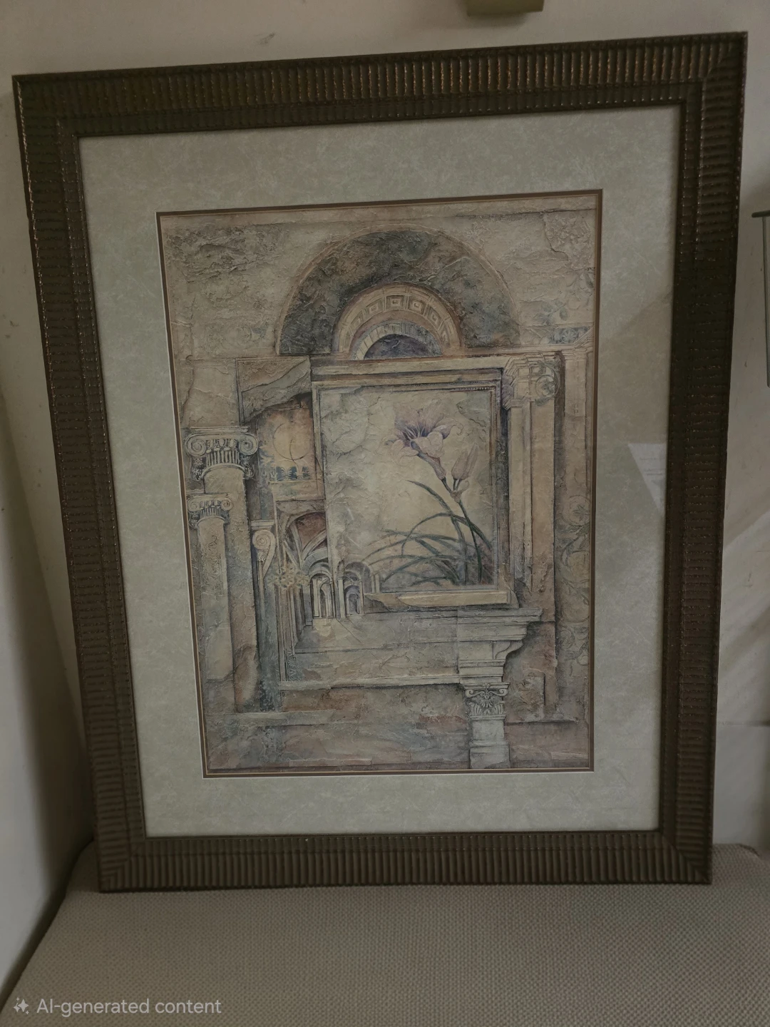 Framed Artwork with Floral and Architectural Scene