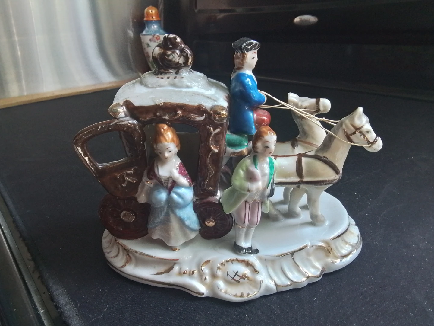 Mid-Century Japanese Porcelain Horse-Drawn Carriage Figurine