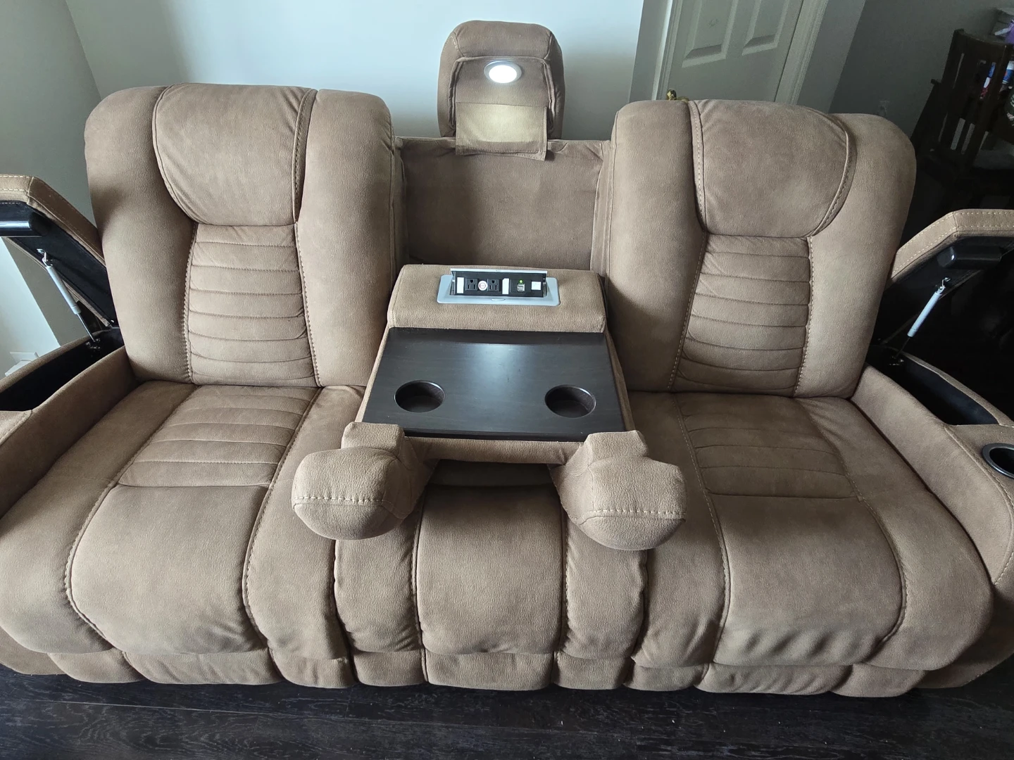 Brown Double Recliner with Power and Cup Holders