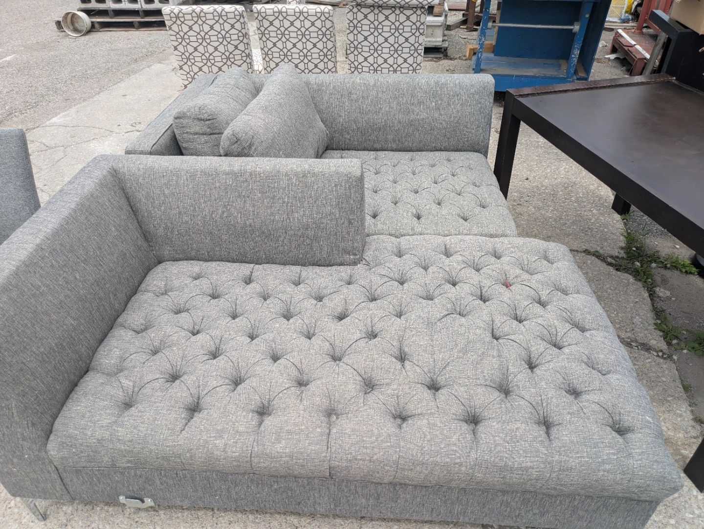 Grey Tufted Sectional Sofa with Pillows and chrome legs