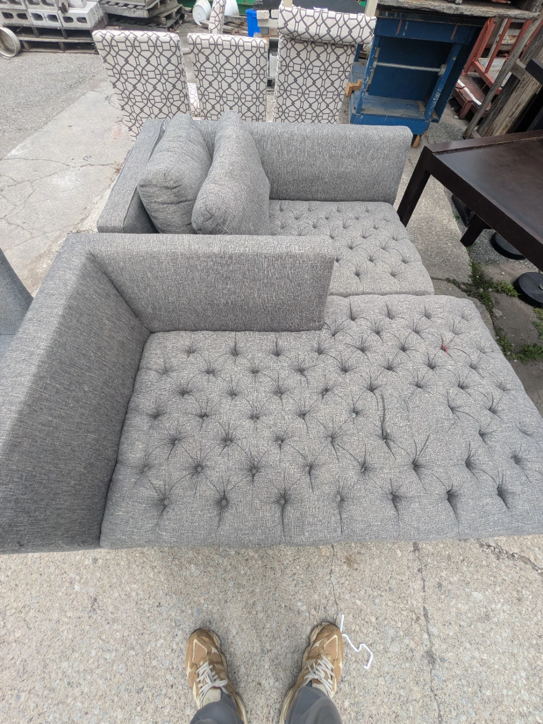 Grey Tufted Sectional Sofa with Pillows and chrome legs - photo 2