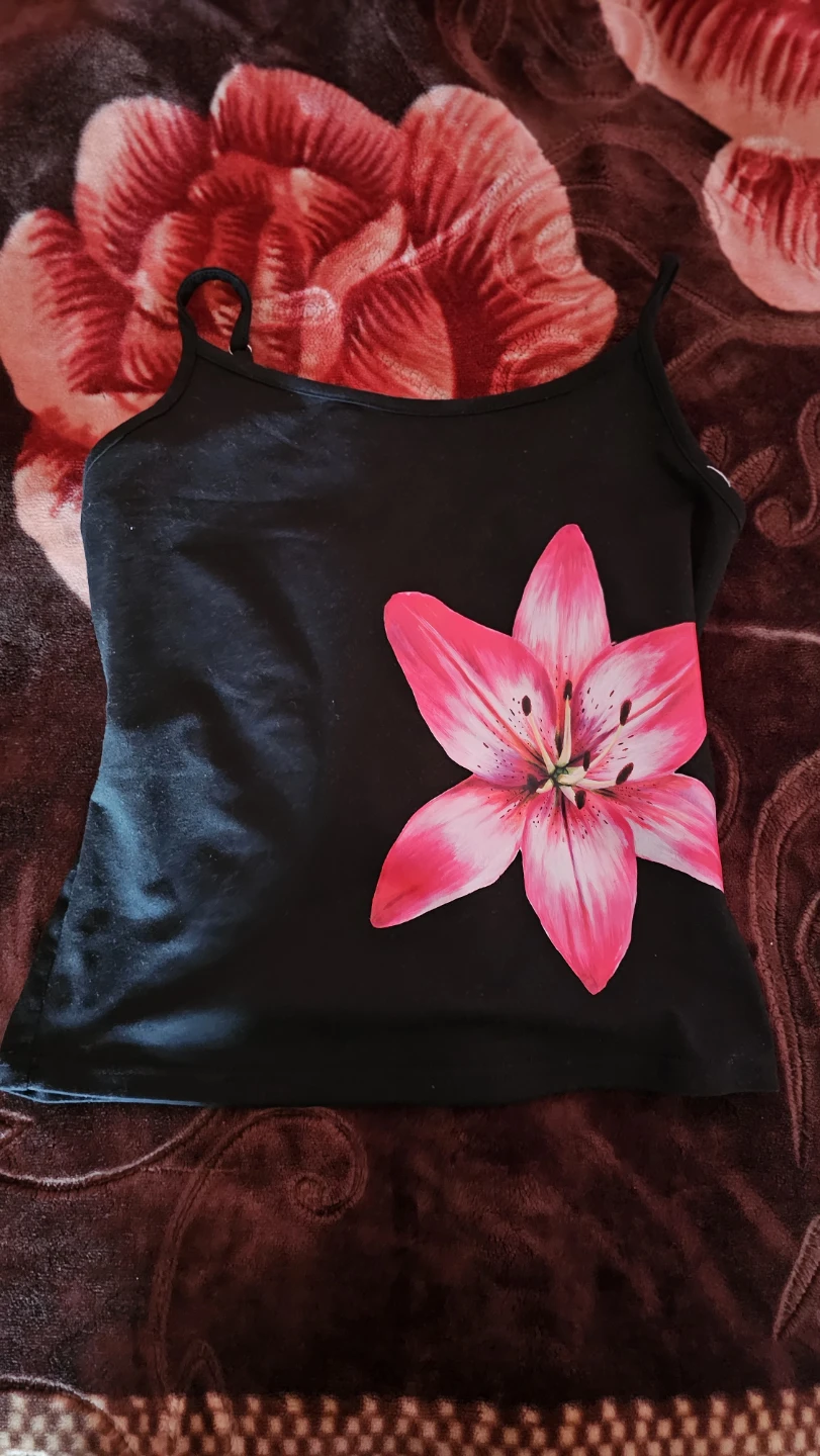 Black Cami Top with Pink Lily Design