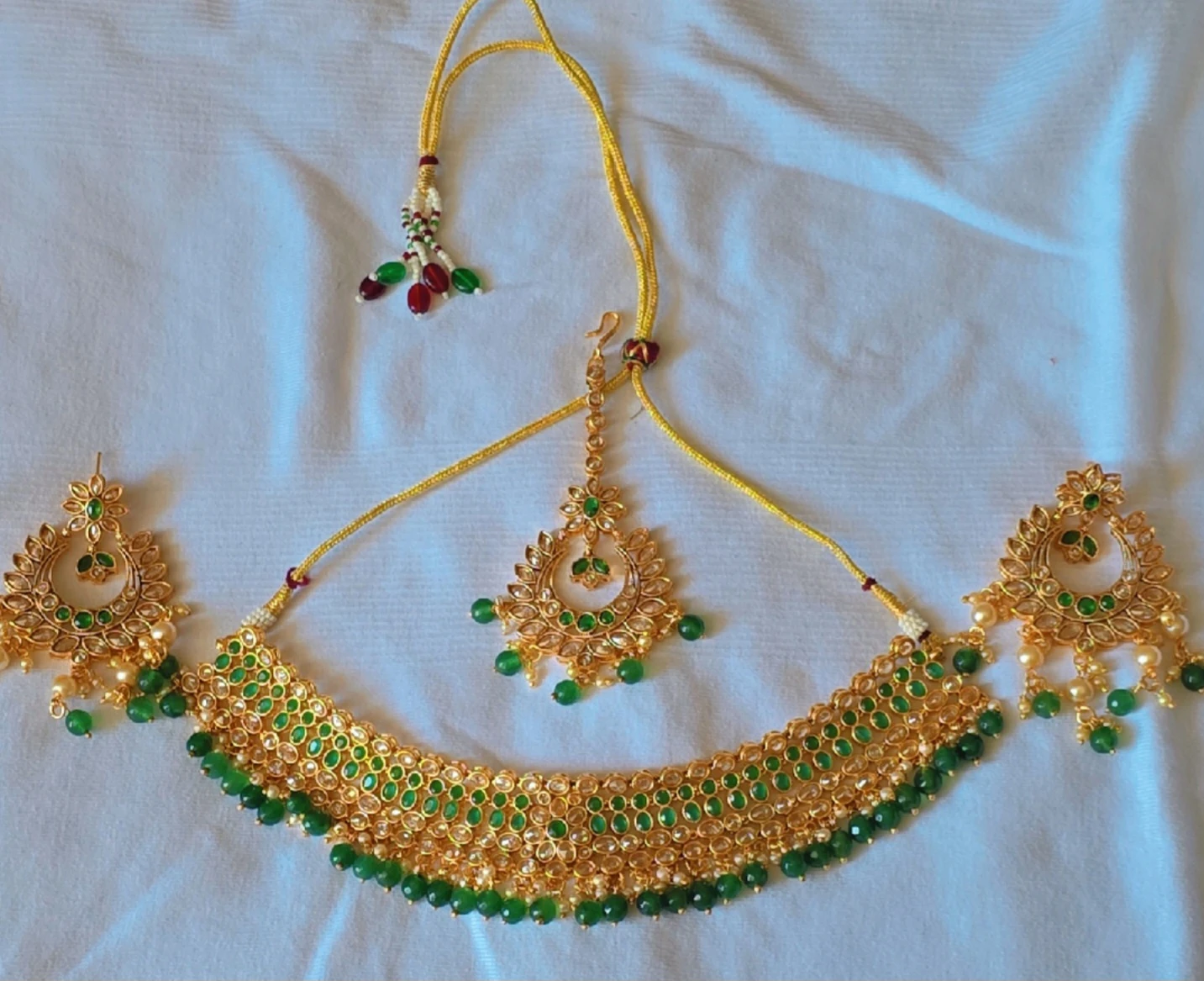 Gold-tone Necklace and Earring Set with Green Stones