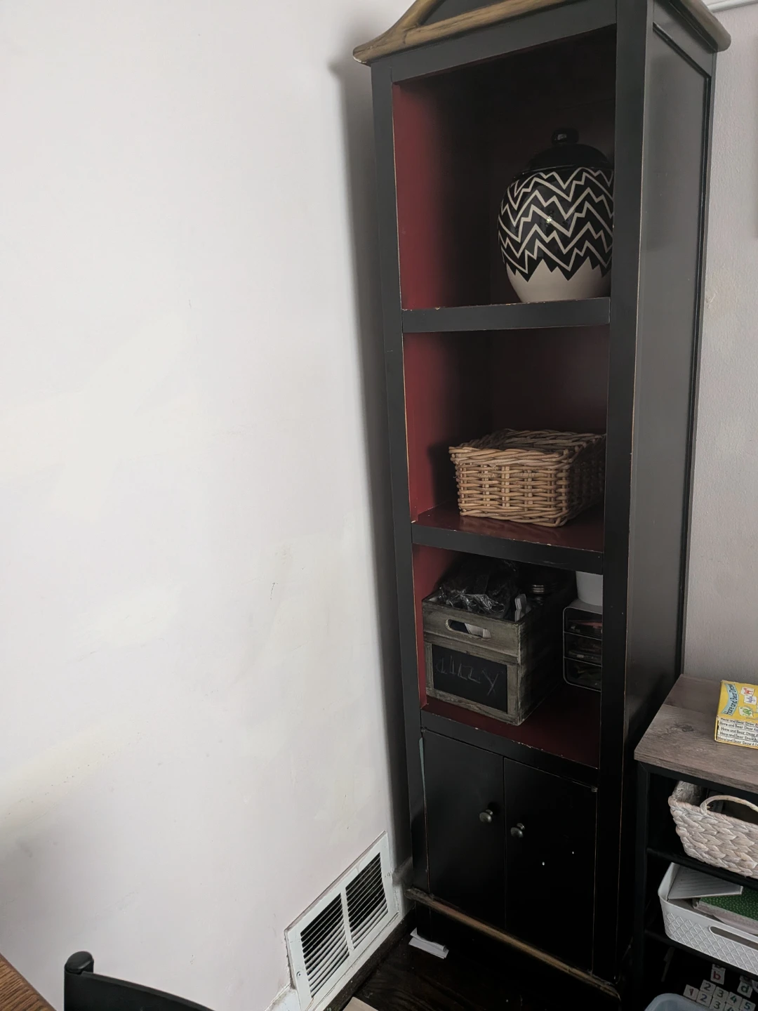 Tall Black Bookcase with Red Interior